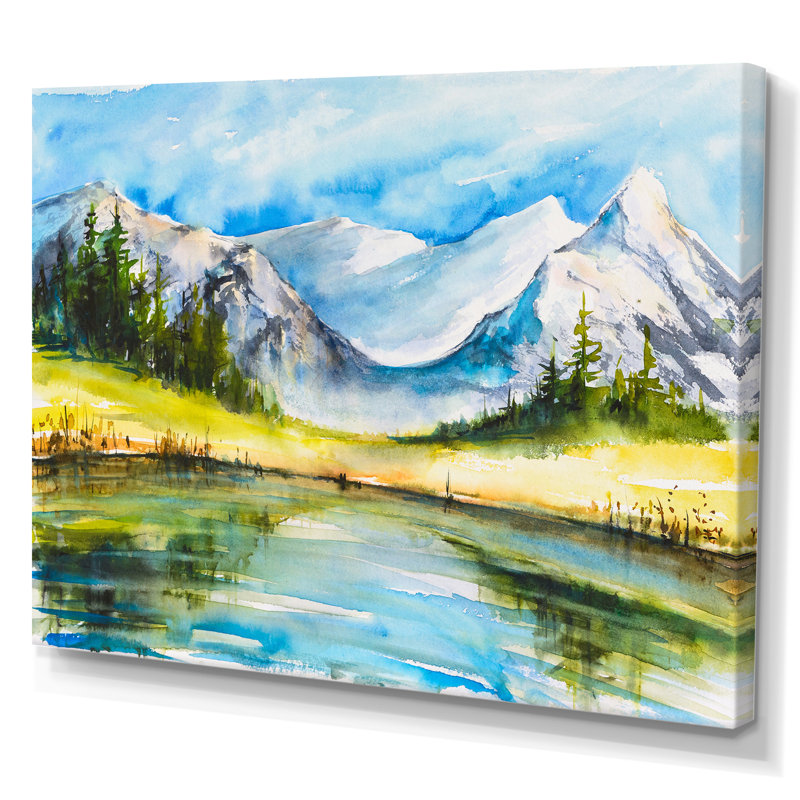 «Blue Lake With Mountain Valley», peinture sur toile, H 30 po x l 40 po x P 1,5 po, Toile tendue