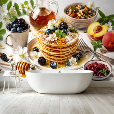Peel and Stick Wallpaper Wall Mural Breakfast granola pancakes honey fruits berries coffee Wall Art Self Adhesive and Removable