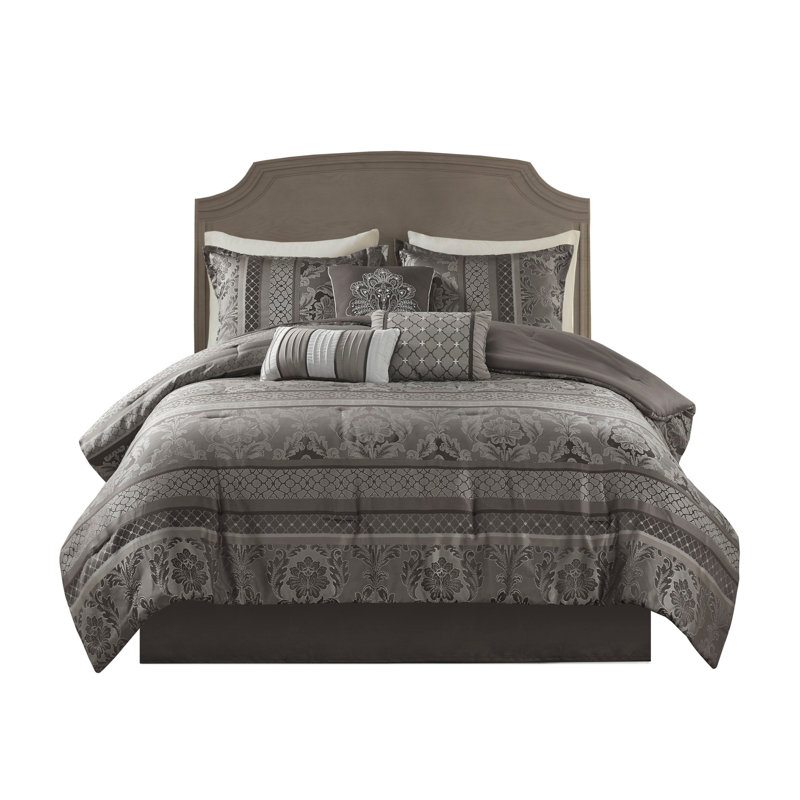 Ensemble d'édredon 7 pièces jacquard gris, Gris, Édredon de très grande taille et 6 pièces suppl