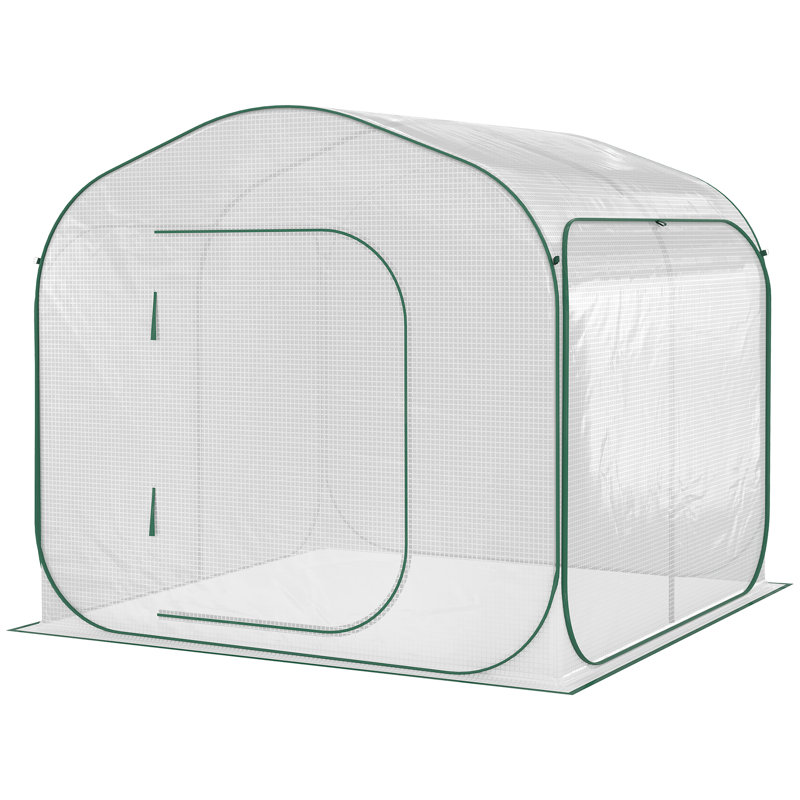Serre escamotable avec porte à fermeture éclair et porte d'extérieur avec porte à glissière Outsunny 7 pi x 7 pi x 6 pi, blanc