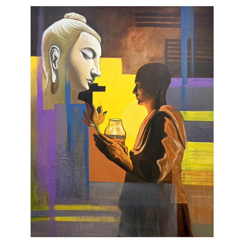 Offrandes au Bouddha | Peinture par Mk Goyal | Technique mixte sur toile