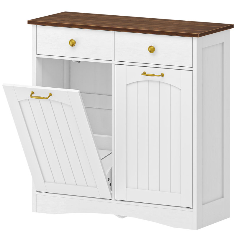 Armoire à double poubelle avec 2 tiroirs, rangement pour poubelle inclinable, armoire pour îlot de cuisine autoportant avec portes rabattables