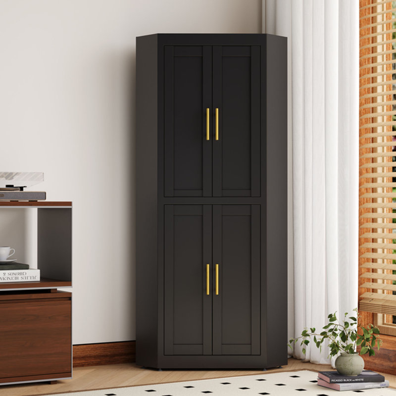 Armoire de cuisine d'angle moderne en acier avec 4 portes et 3 tablettes, Noir