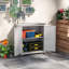 Armoire de rangement en bois avec plateau de table en métal, table de préparation pour l'extérieur avec tablette et portes doubles, banc de rempotage pour patio, cour, gris