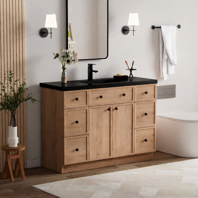 Ensemble de meuble-lavabo simple 48 po avec plateau en résine, assemblage requis, Chêne