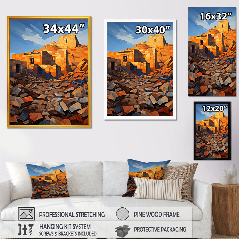 Ruines anciennes dans un paysage mexicain - Art mural mexicain, H 32 po x l 16 po x P 1 po, Cadre flottant doré
