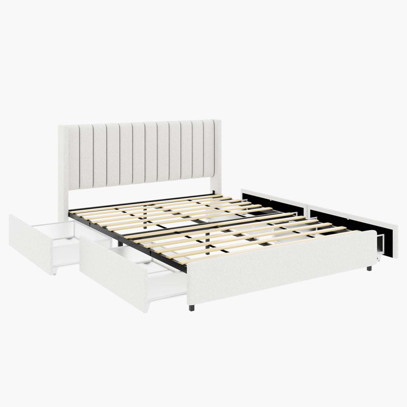 Boucle Upholstered Platform Bed with Wingback Headboard and Drawer Storage, Queen, Ivory, 2 Drawers