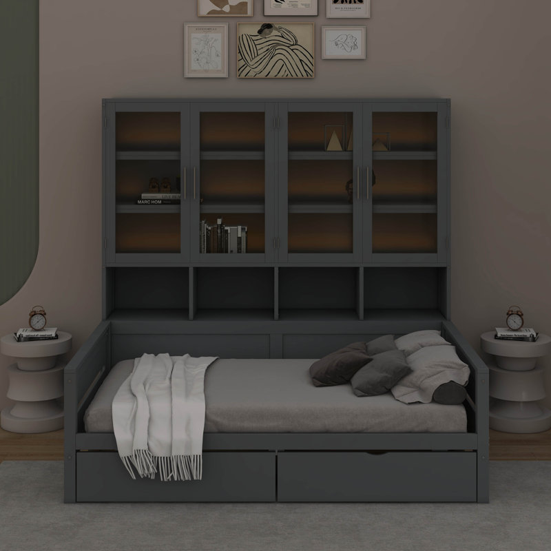 Lit de jour simple en bois avec armoires de rangement à portes vitrées, éclairage DEL et tablettes, Lit simple