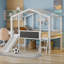 Lit mezzanine simple avec échelle, glissoire, tableau noir et bande lumineuse sur le toit - Lit mezzanine blanc pour enfants, peu encombrant