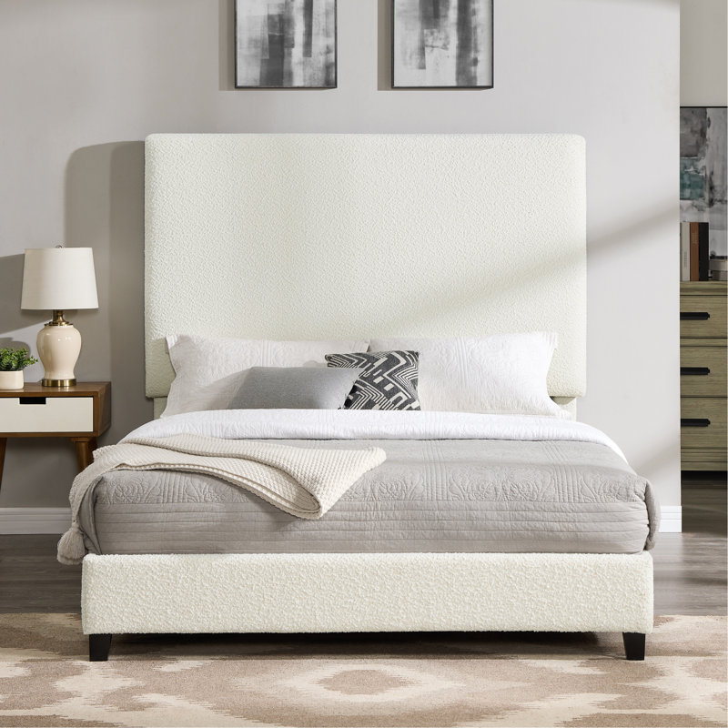 Lit plateforme tapissier Boucle, Blanc, Grand lit