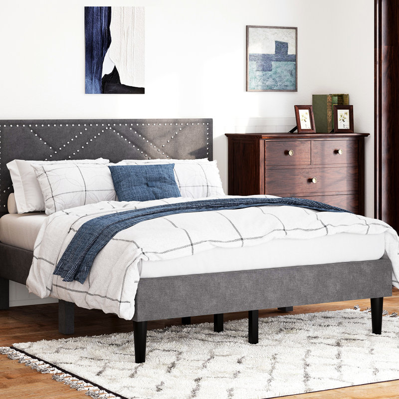 Structure de lit pour grand lit Tempting avec tête de lit en lin et construction silencieuse, sous le rangement, sans sommier, 485 lb, structure robuste et robuste de la tête de lit gris anthracite, Emphasis