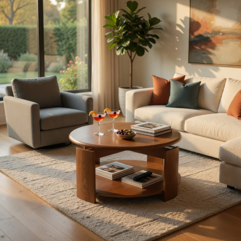 Table basse Eli, plateau pivotant rond de 40 po, tablette inférieure ouverte, brun