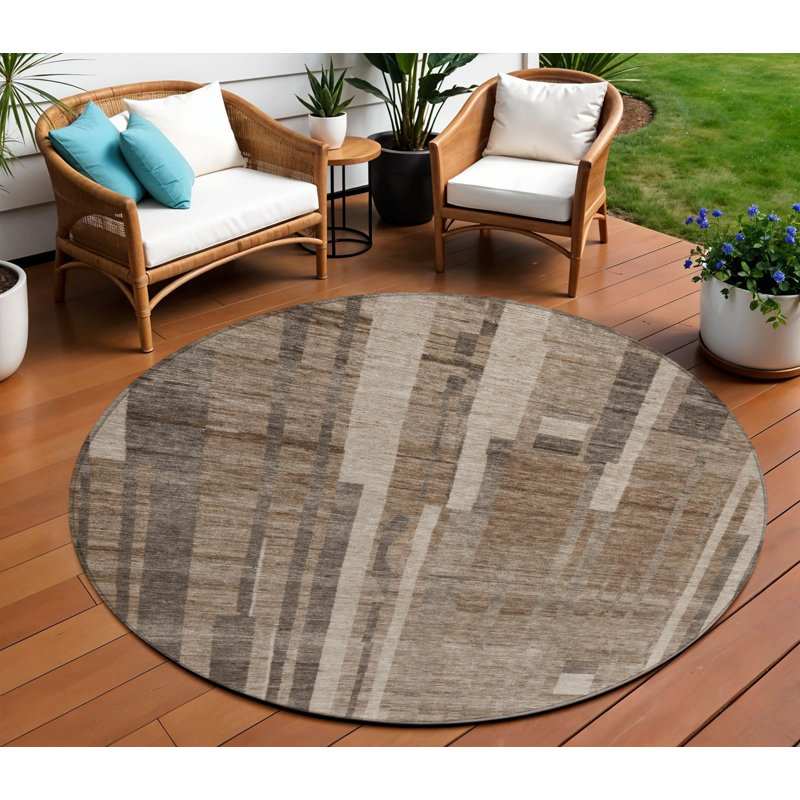 Tapis d'intérieur rond lavable rayé brun 8 pi