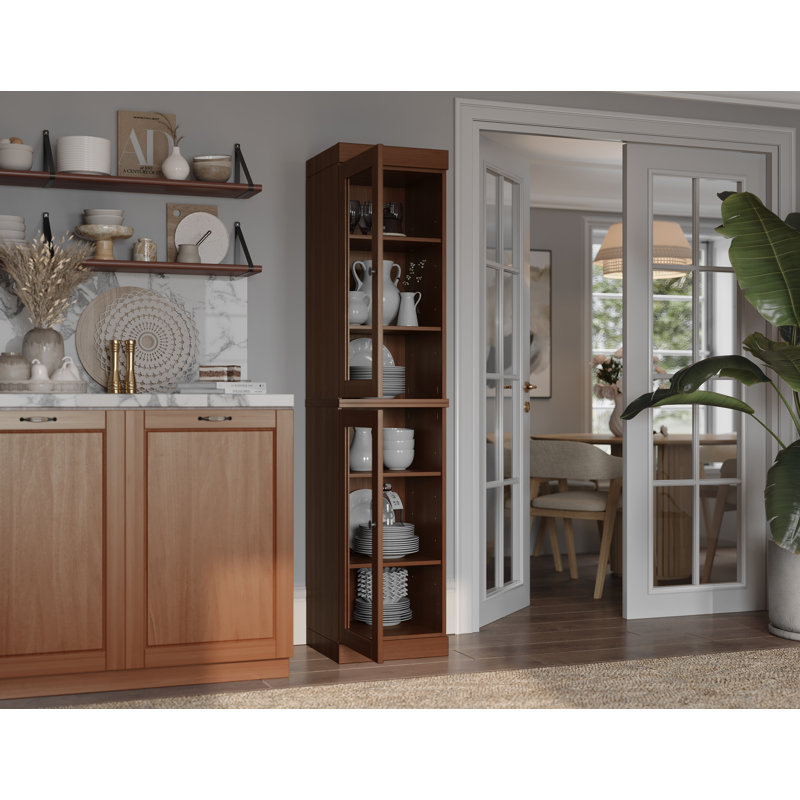Garde-manger Jaylena 100% bois massif 16,5 po avec portes en verre transparent et tablettes réglables, Moka