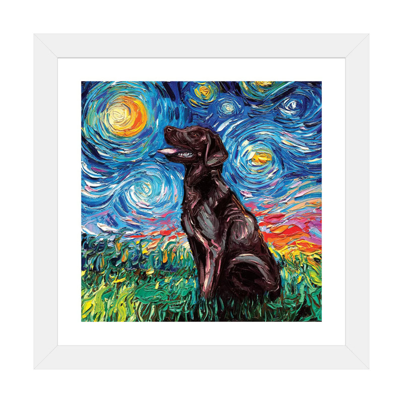 «Chocolate Labrador Night» par Aja Treves - reproduction d'art, H 24 po x l 24 po x p 1 po, Papier encadré doré, Blanc