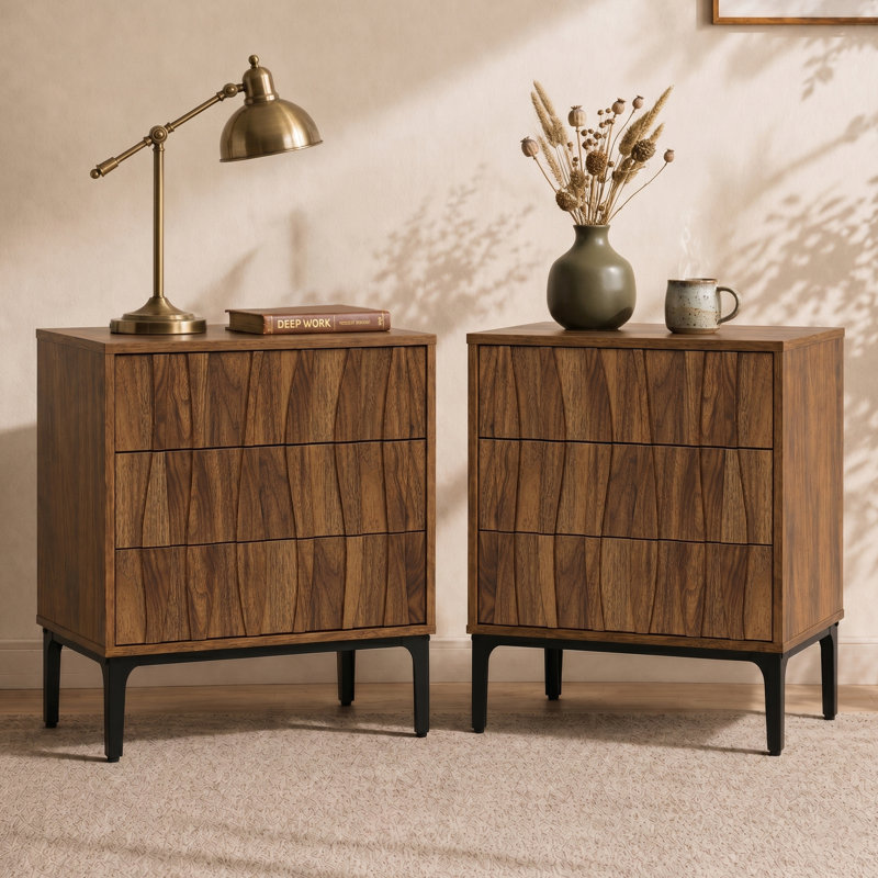 Mid-Century Modern 3-Drawer Nightstand with Textured Wood Fronts, Set of 2, Brown