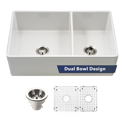 Houzer 33 in Fireclay Apron Front 60/40 Double Kitchen Sink w/ Strainer,Grids-PTD-6040 WH-C