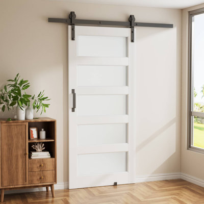 40'' X  84''H 5-Panel Frosted Glass Manufactured Wood Prefinished Barn Door With Installation Hardware Kit