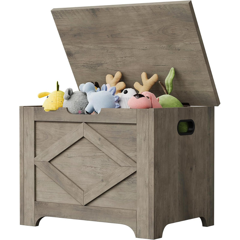 Banc de rangement en bois, coffre à jouets de ferme avec charnières de sécurité, capacité de 300 lb, Gris