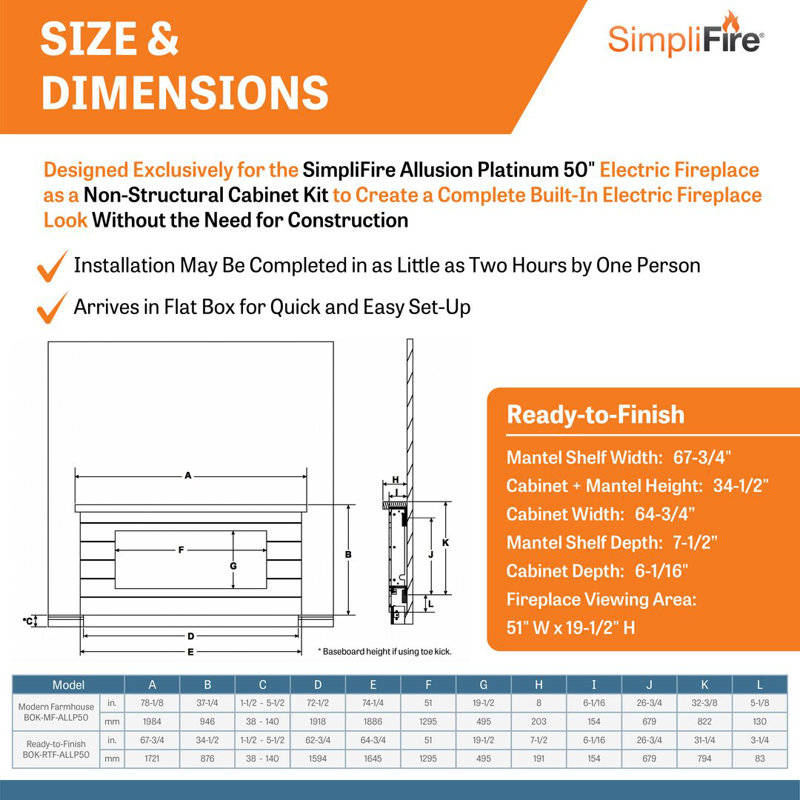 SimpliFire Allusion Platinum 50 Inch Linear Electric Fireplace with Boyd Mantel kit - Ready-to-Finish