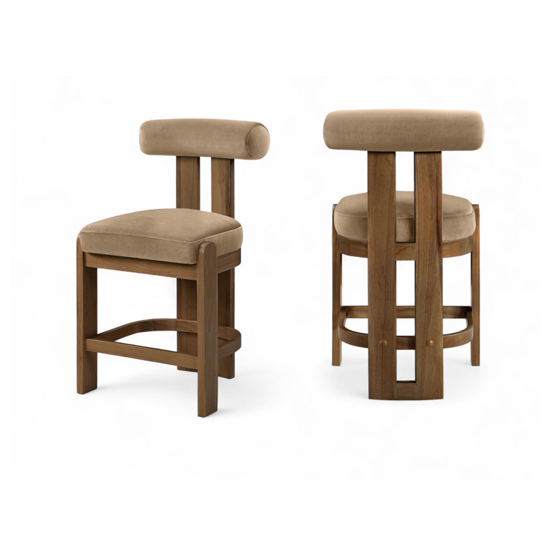 Tabouret de comptoir Arienzo, Noyer, Velours beige