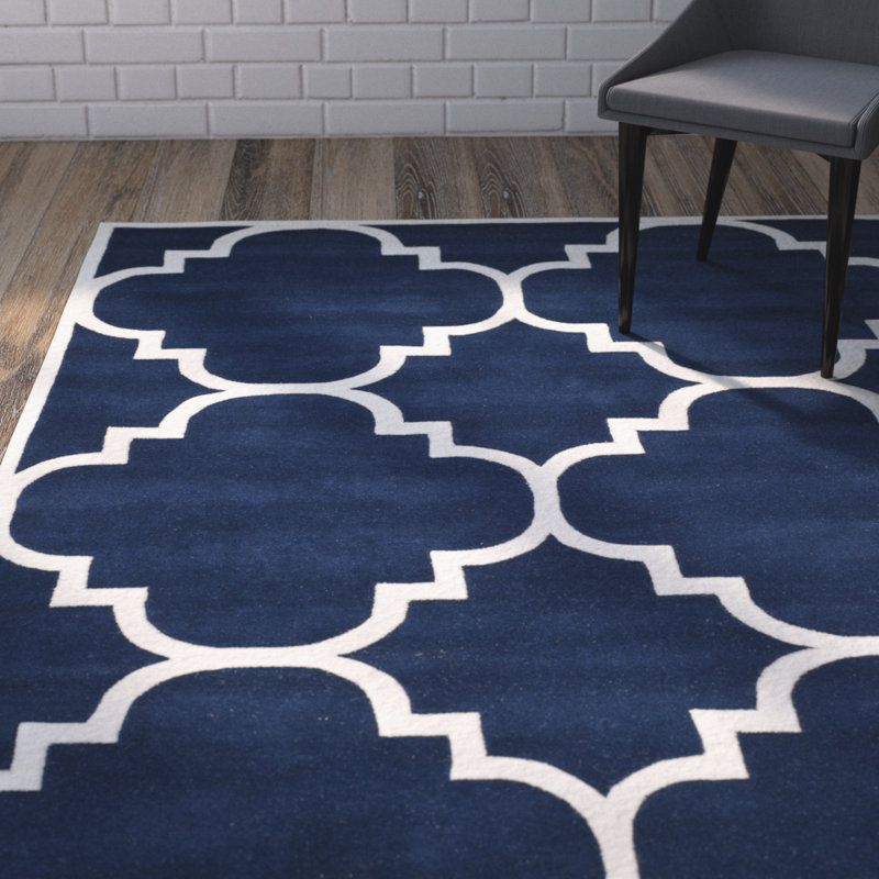 Tapis bleu foncé / ivoire en laine touffeté à la main Carolene, Rectangle 4 pi x 6 pi