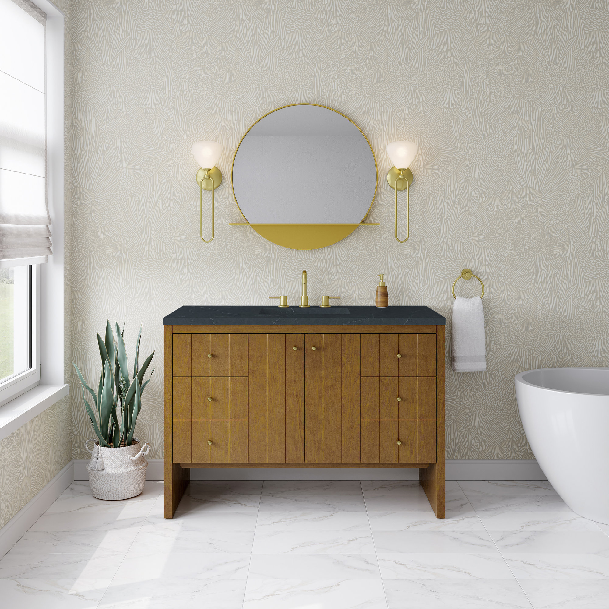 Hudson 48'' Single Bathroom Vanity, Honey Oak, Ethereal Noctis, 8" Widespread