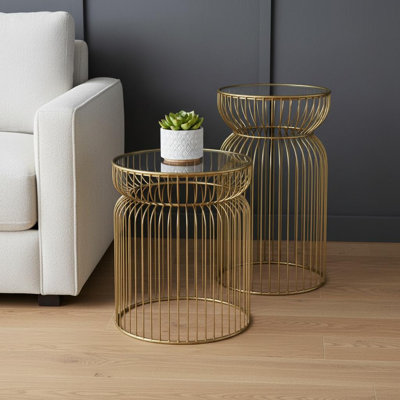 Ensemble de deux tables de bout cylindriques en verre trempé transparent et doré