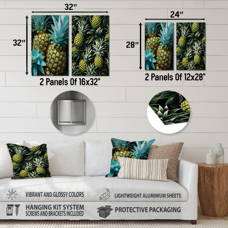 Ananas vert et bleu Paradise I - ensemble d'animations murales en métal ananas, H 32 po x l 32 po