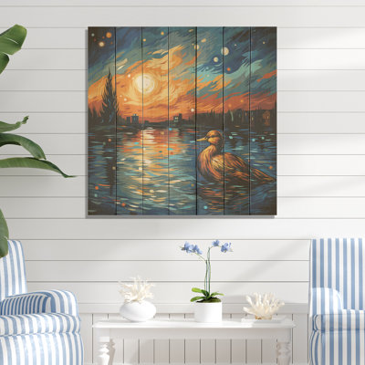 «Blue Duck At The Pond III» - animal canard sur bois
