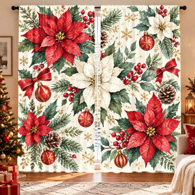 Ensemble de 2 rideaux de Noël à motif poinsettia, imprimé floral festif et flocons de neige, tissu filtrant la lumière, protection de l'intimité, conception à œillets, lavables à la machine, convenant au salon, à la chambre, à la salle à manger, à la décoration de Noël et aux fêtes.