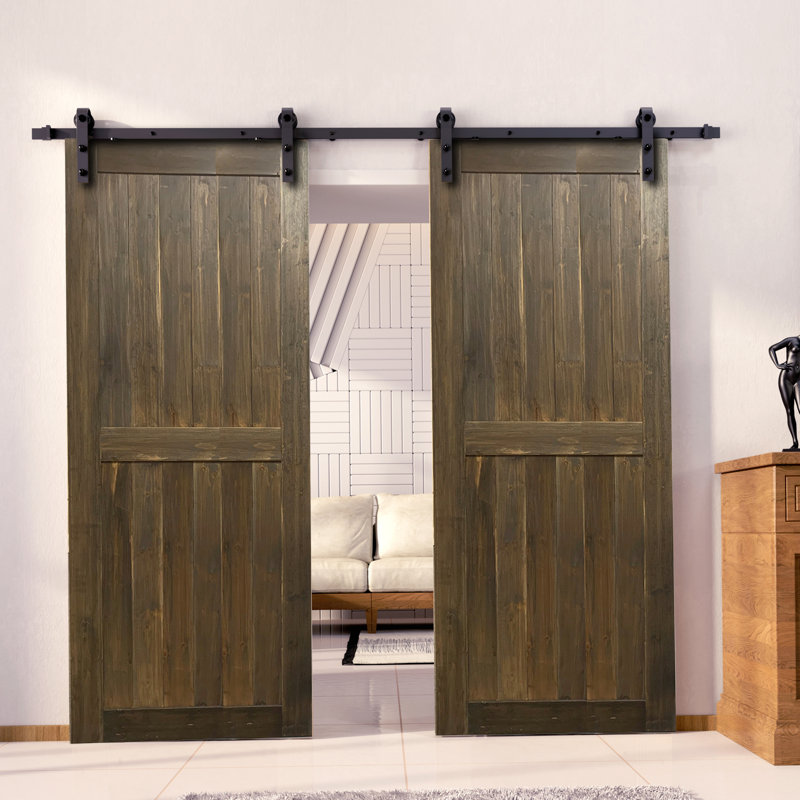 Porte en bois de pin non assemblé H Design avec quincaillerie d'installation rustique noire à deux portes, 20 po x 84 po