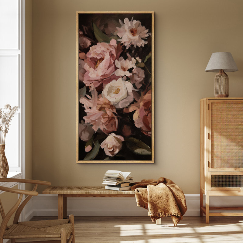 Doux rétro pivoine floral, art mural dans des tons chauds de rosé - grande impression sur toile encadrée de la chambre principale