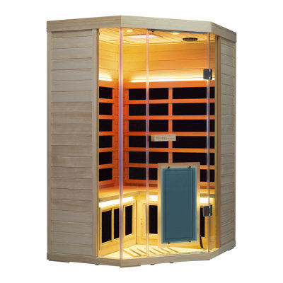 Sauna à infrarouge lointain pour 2 personnes Wizzisaunas, luminothérapie rouge et bleue, 1900 W / 120 V, température maximale de 158 ° F, contrôle de température à distance via l'application, haut-parleur Bluetooth intégré, bois de pruche, porte en verre trempé, assemblage facile