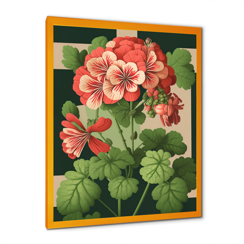 Fleur de géranium en fleurs rétro V - art mural sur toile florale, Impression dorée sur toile encadrée, L 24 po x H 32 po