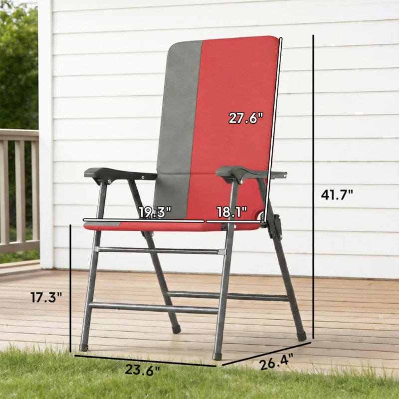 Set Of 2 Folding Lawn Chairs, Padded 600d Oxford, High Back Support, Steel Frame, Portable Outdoor Camping Chair, Gray/Red