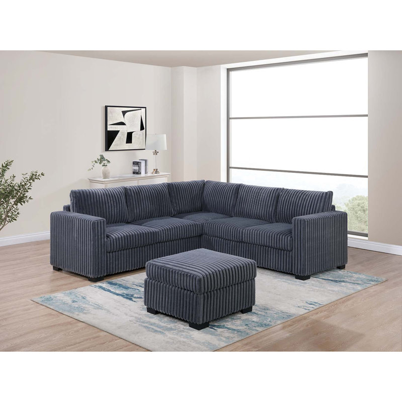 Beautiful 4-Piece Sectional Set W/ Ottoman One Arm Loveseat Corner Wedge Corduroy Upholstered Plush Couch, Dark Gray Corduroy