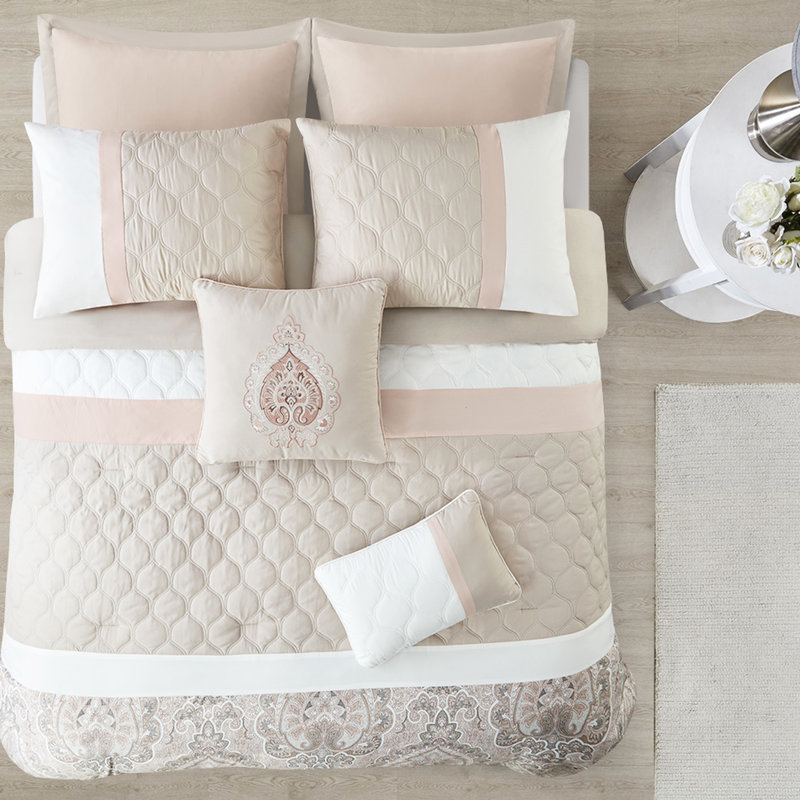 Édredon 8 pièces pour très grand lit - imprimé partiellement rosé, taies décoratives européennes, coussins décoratifs, imprimé lavable, rembourrage, brodé