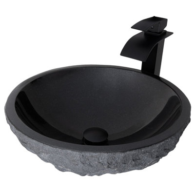Lavabo de salle de bain vasque circulaire en granit noir avec robinet