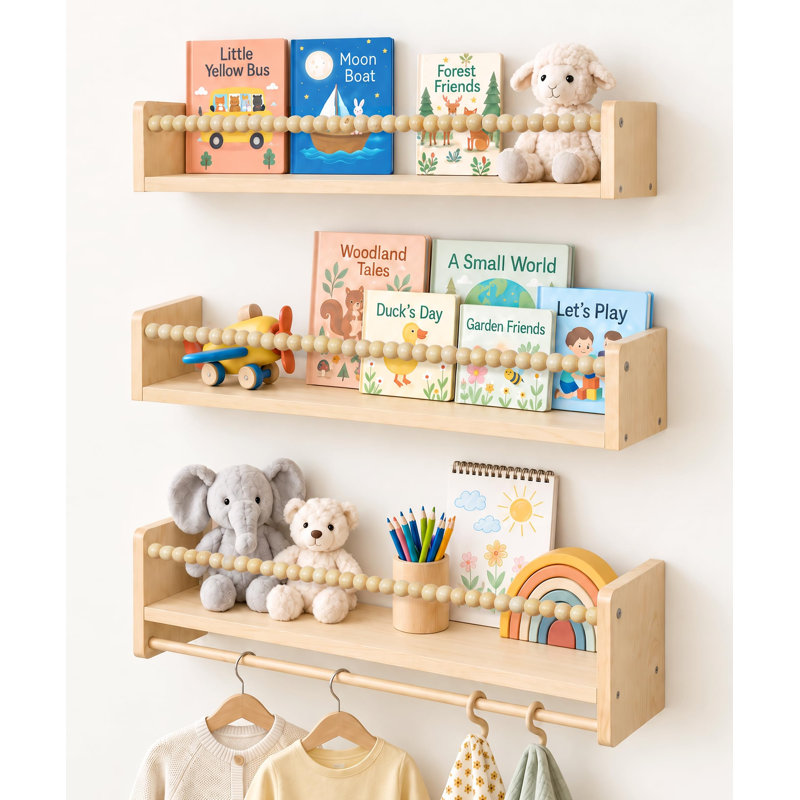 23" Solid Pine Nursery Floating Shelves Set of 3, Wood Wall-Mounted Book Shelf with Wooden Bead Front Rails, Wood