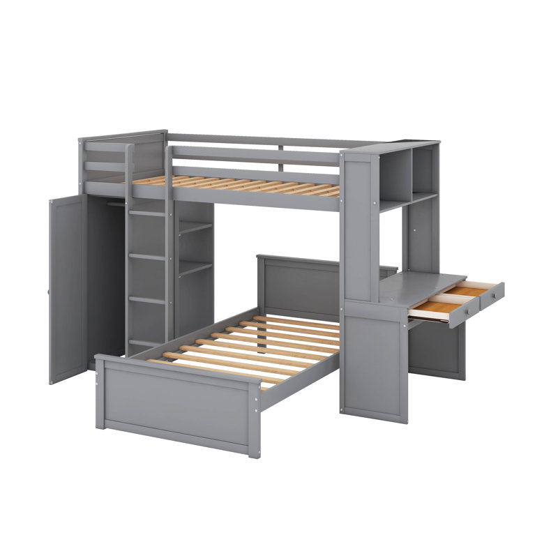 Lit mezzanine simple avec lit autonome, tablettes, garde-robe et bureau, Gris