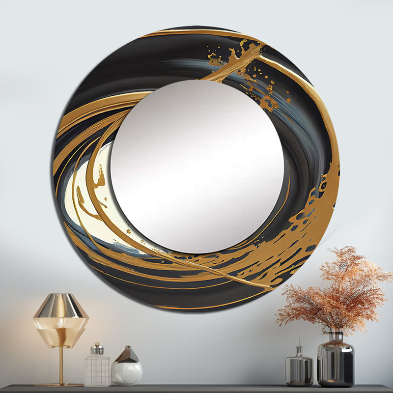 Shontavia, cercle noir et or II - miroir mural à spirales abstraites, miroir décoratif rond moderne, impression d'art en métal