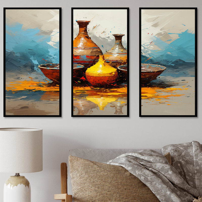 Jaune Boho Pottery Design - Boho Pottery, art mural, H 28 po x l 36 po x P 1 po, Cadre flottant noir