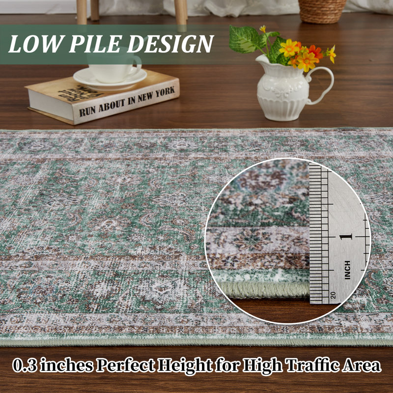 Boho Vintage Floral Area Rug - Machine Washable, Lightweight Thin Low Pile Retro Carpet for Living Room, Bedroom, Dining Room Home Office