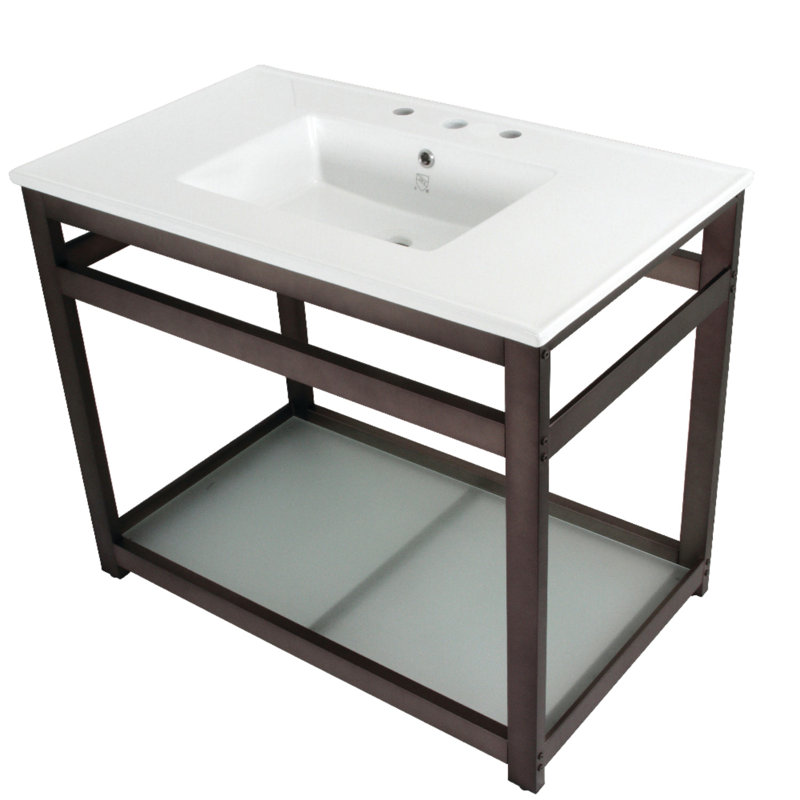 Lavabo de salle de bain rectangulaire en céramique avec trop-plein Quadras, Blanc / bronze huilé