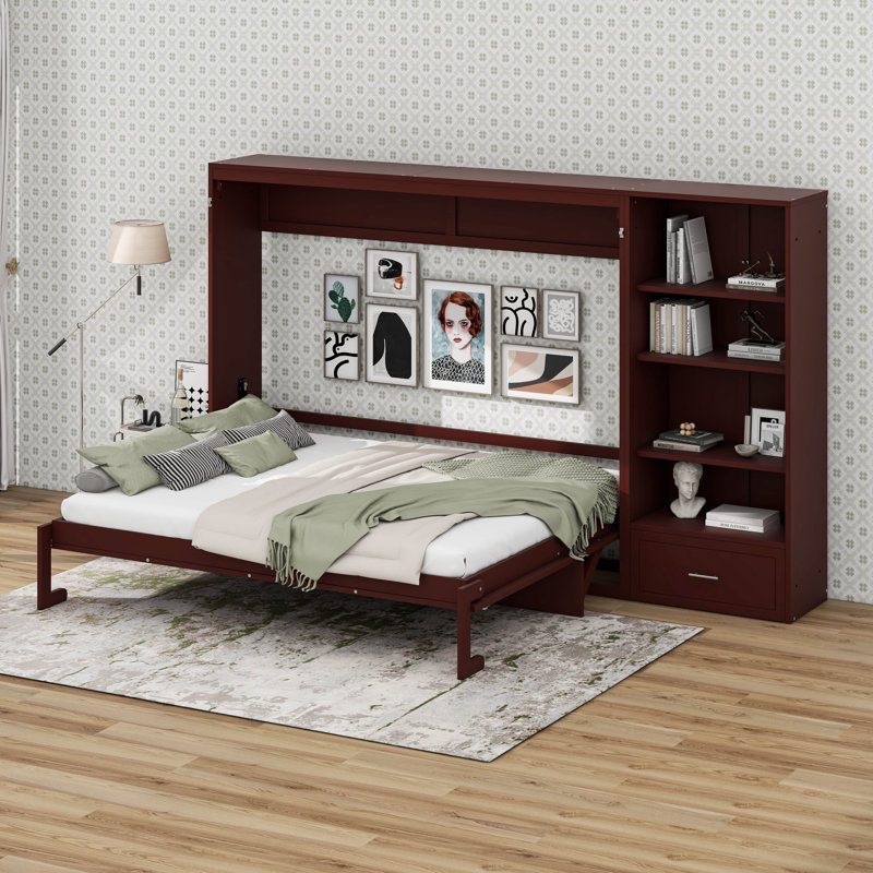 Grand lit escamotable avec tablette réglable en hauteur et 1 tiroir, Noyer