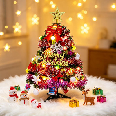 20 Inch Tabletop Christmas Tree, Mini Artificial Christmas Tree with LED Lights, Tree Topper, Ornaments, Pinecones, Tabletop Small Xmas Tree for Holiday DIY Christmas Decor
