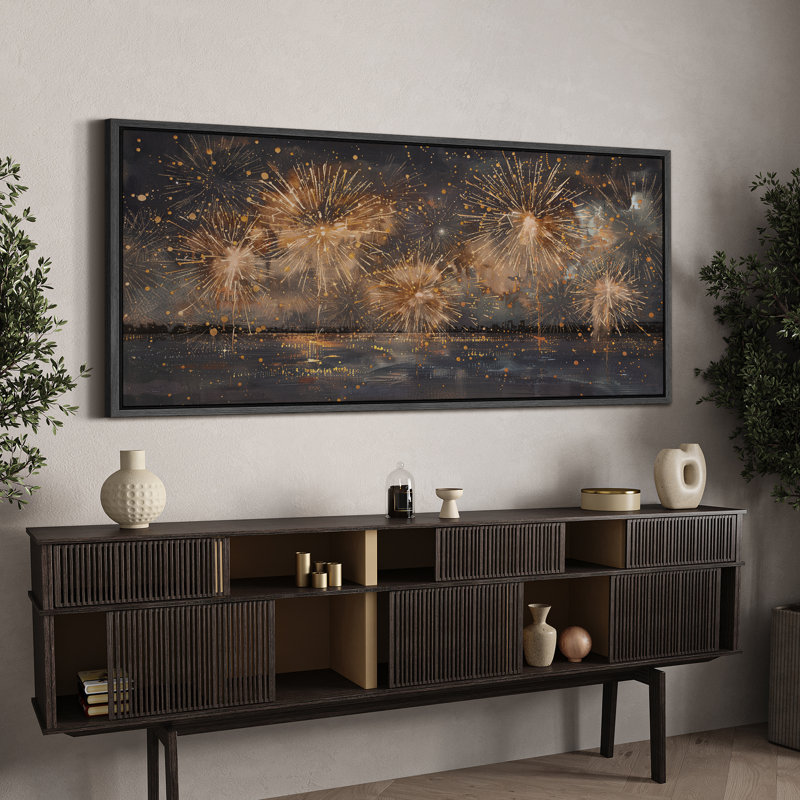 "Golden Fireworks Over Over Water Antique Retro Artwork", Noir, noir, noir, noir, H 30 po x l 60 po