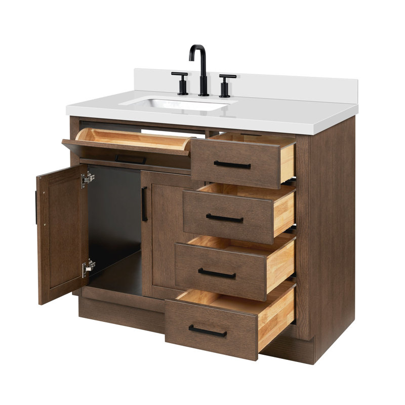 Meuble-lavabo simple en bois massif 42 po Tidworth avec plateau en quartz blanc 1,5 po, Gauche, Forme rectangulaire