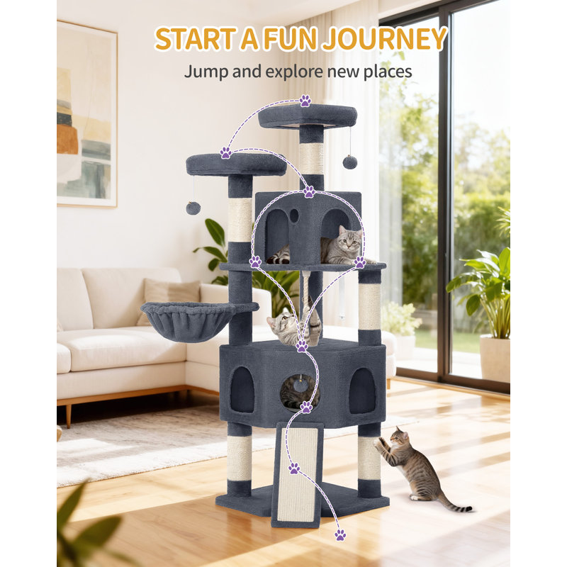 Cat Tree for Indoor Cats, 174cm Cat Tower for Large Cats, 2 Platforms, 2 Caves, 4 Sisal Posts, Scratching Board, Cat Basket, Sisal Rope, Heavy-Duty for multiple cats